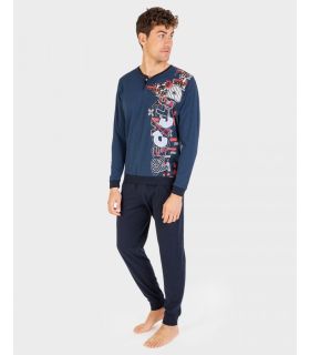 PIJAMA HOMBRE ALGODÓN 100% C/REDONDO CON PUÑOS AZUL