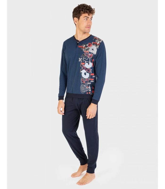 PIJAMA HOMBRE ALGODÓN 100% C/REDONDO CON PUÑOS AZUL