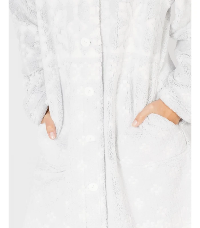 BATA POLAR DE MUJER LARGA DE BOTONES GRIS