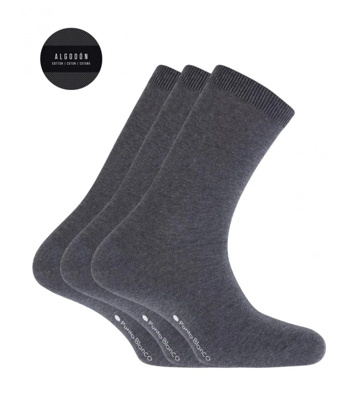 CALCETÍN DE ALGODÓN LISO BASIX (PACK 3 UD.) PUNTO BLANCO GRIS